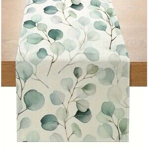 Table Runner 13x72in Linen Green Eucalyptus Leaves Stems
